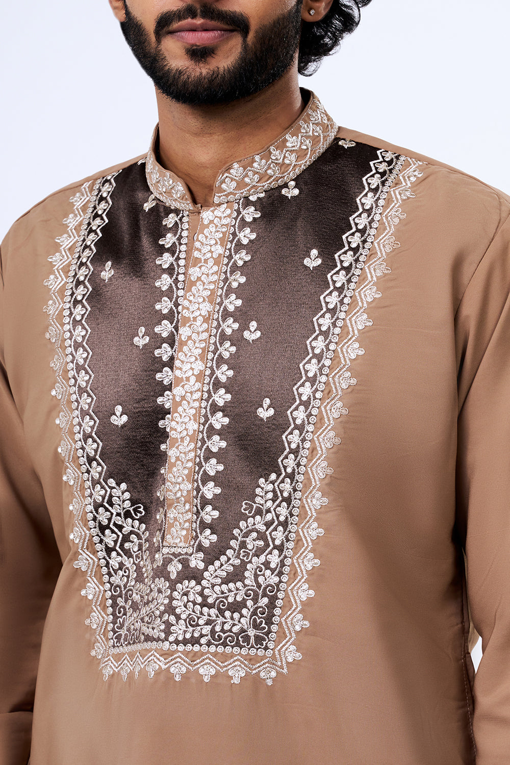 Nude Brown Polyester Cotton Contrast Yoke Embellished Kurta Set