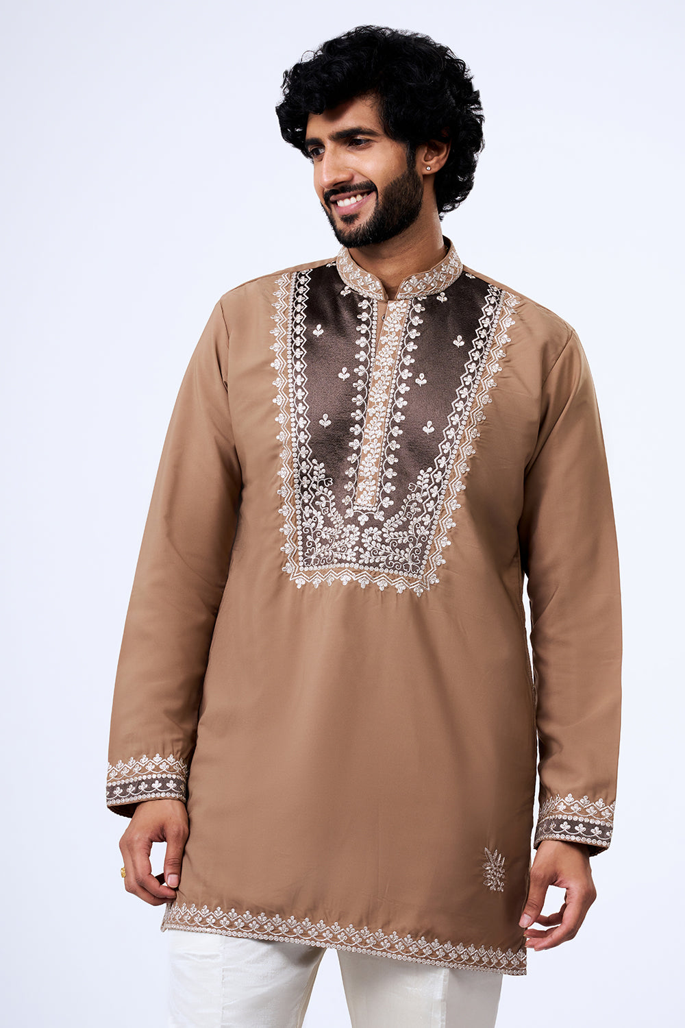 Nude Brown Polyester Cotton Contrast Yoke Embellished Kurta Set