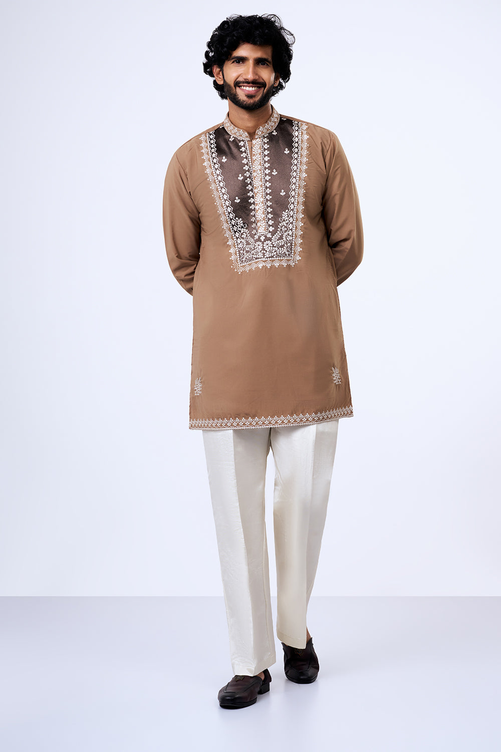 Nude Brown Polyester Cotton Contrast Yoke Embellished Kurta Set