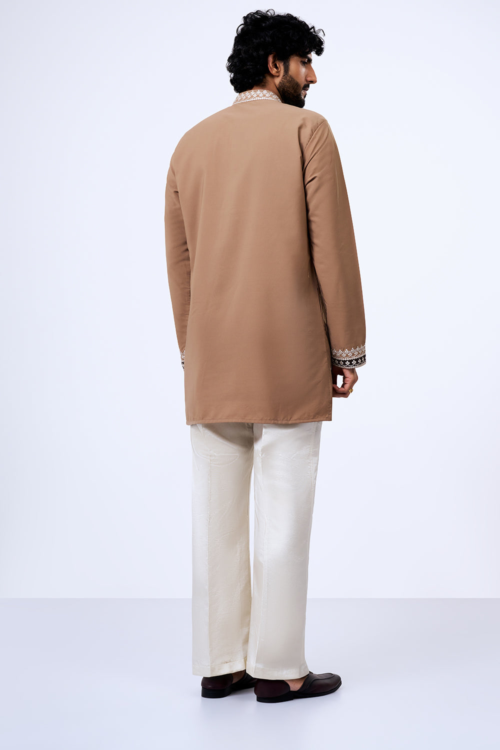 Nude Brown Polyester Cotton Contrast Yoke Embellished Kurta Set