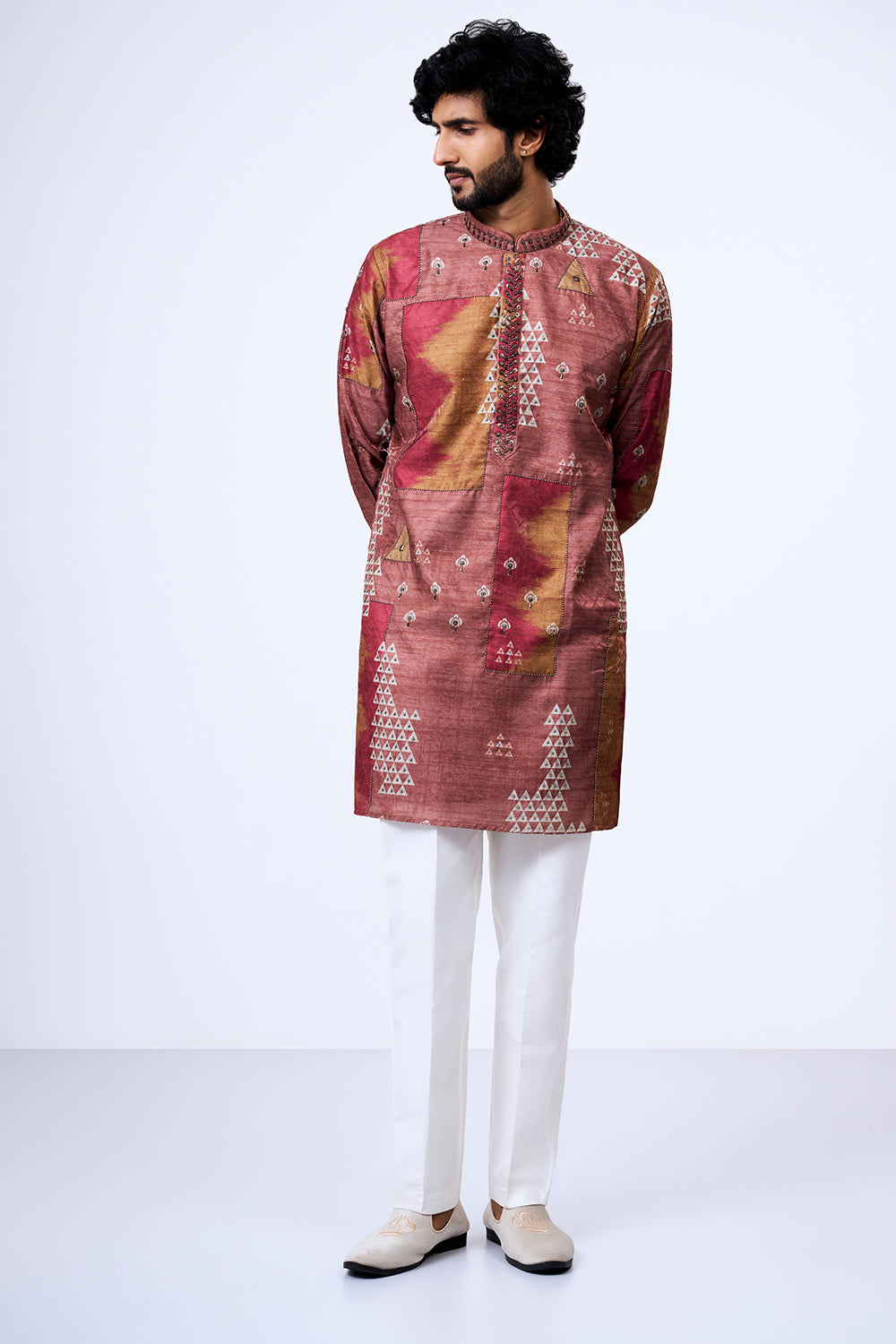 Nude Polyester Cotton Patchwork Printed Kurta Set