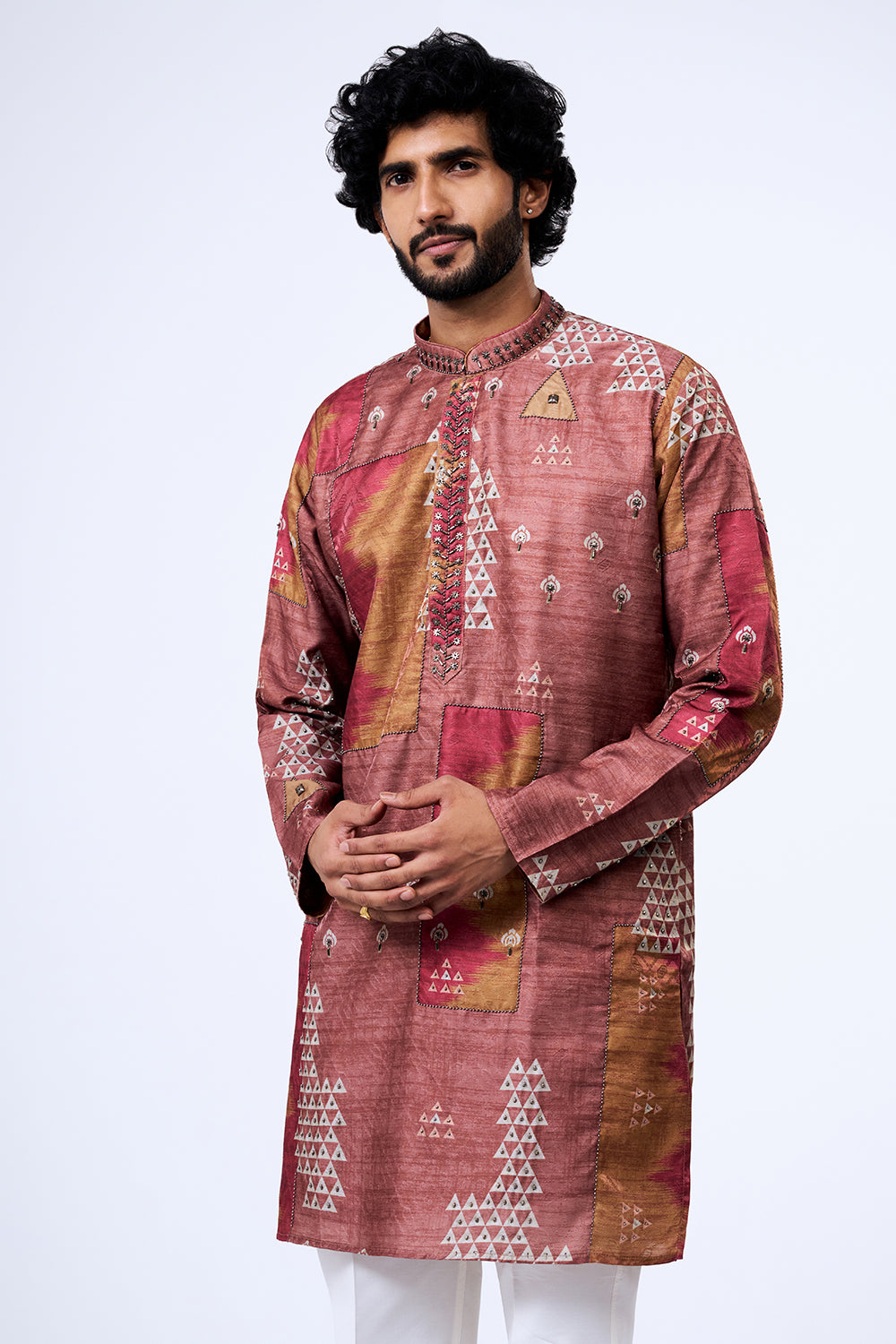 Nude Polyester Cotton Patchwork Printed Kurta Set