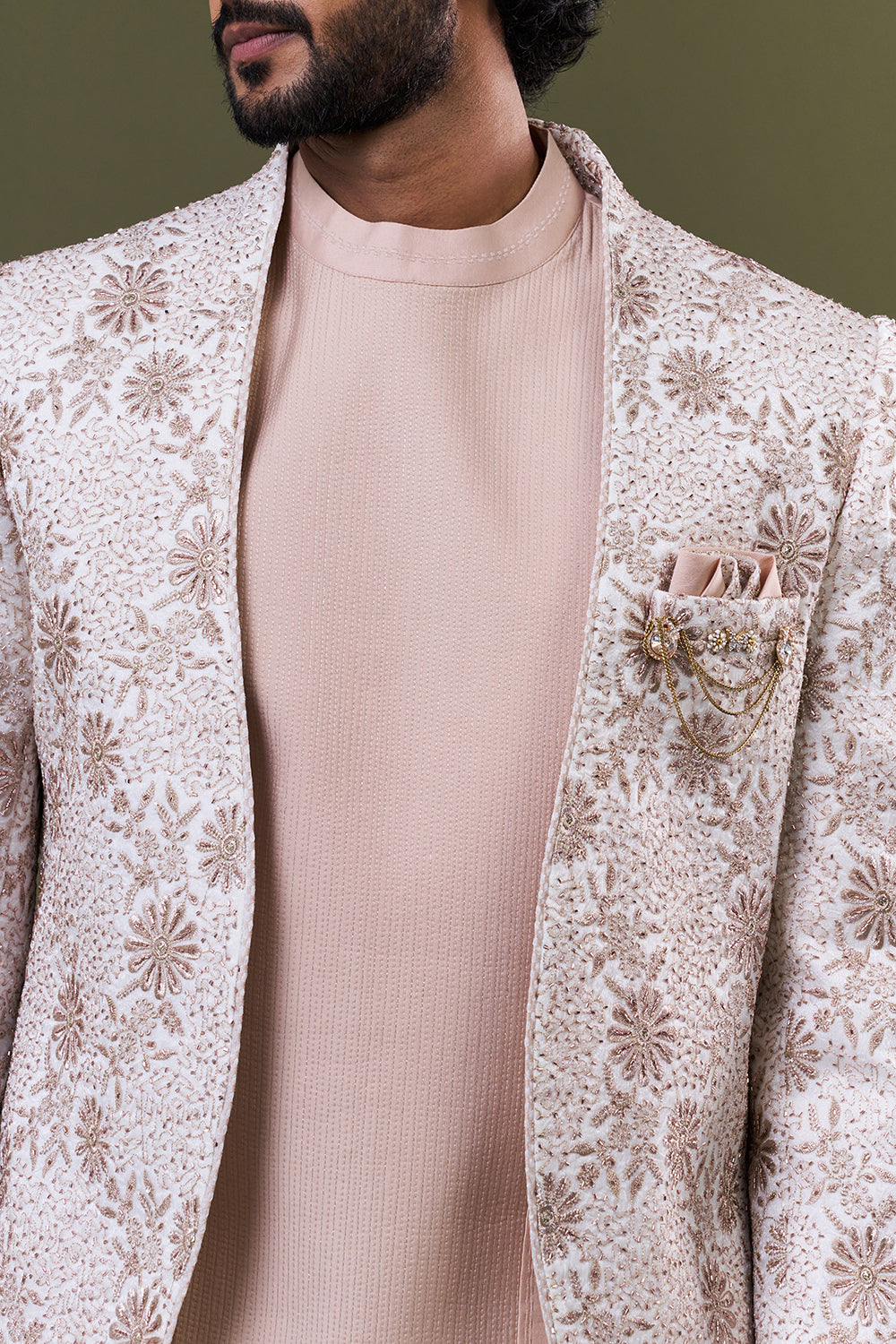 Off White Net Floral Cut Dana Embellished Jacket Set