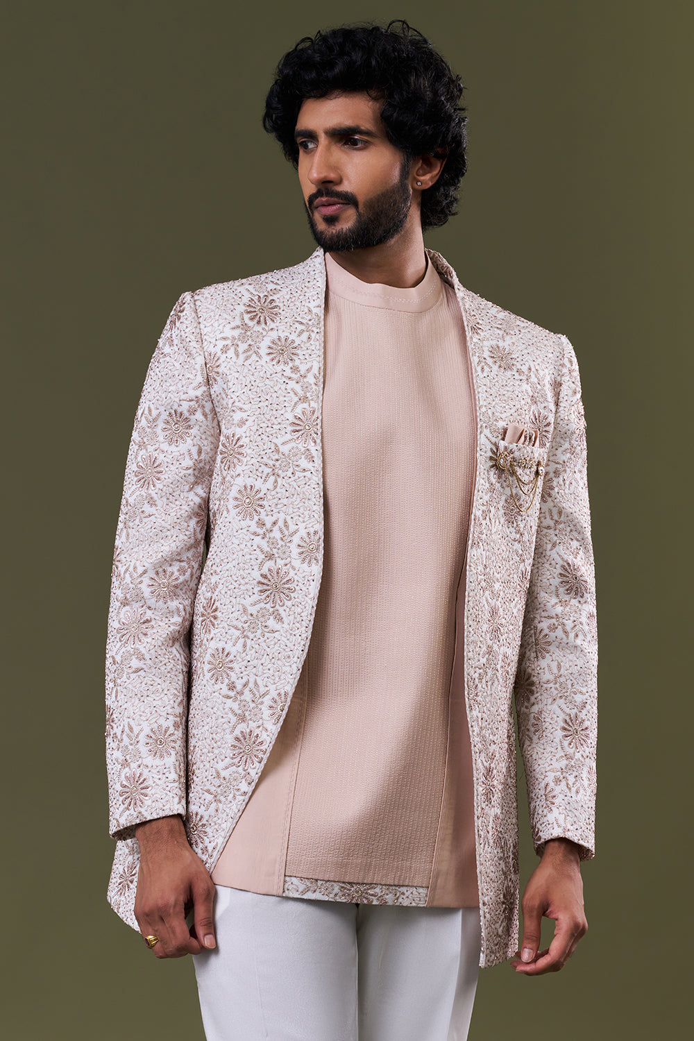 Off White Net Floral Cut Dana Embellished Jacket Set