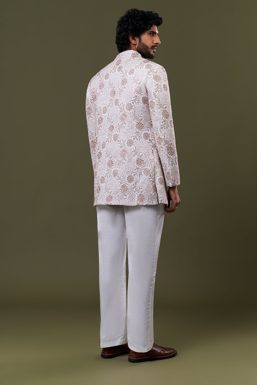 Off White Net Floral Cut Dana Embellished Jacket Set