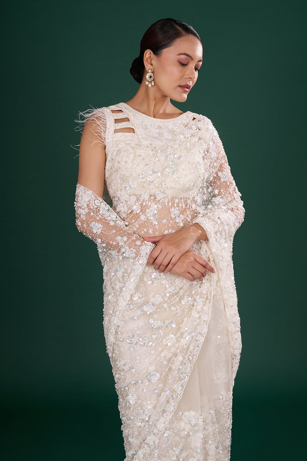 Off-White Net Saree in Floral Pattern and Unstitched Blouse