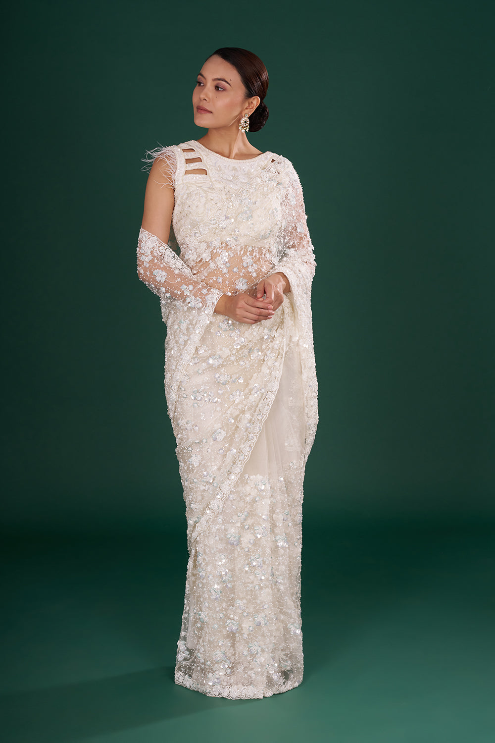 Off-White Net Saree in Floral Pattern and Unstitched Blouse