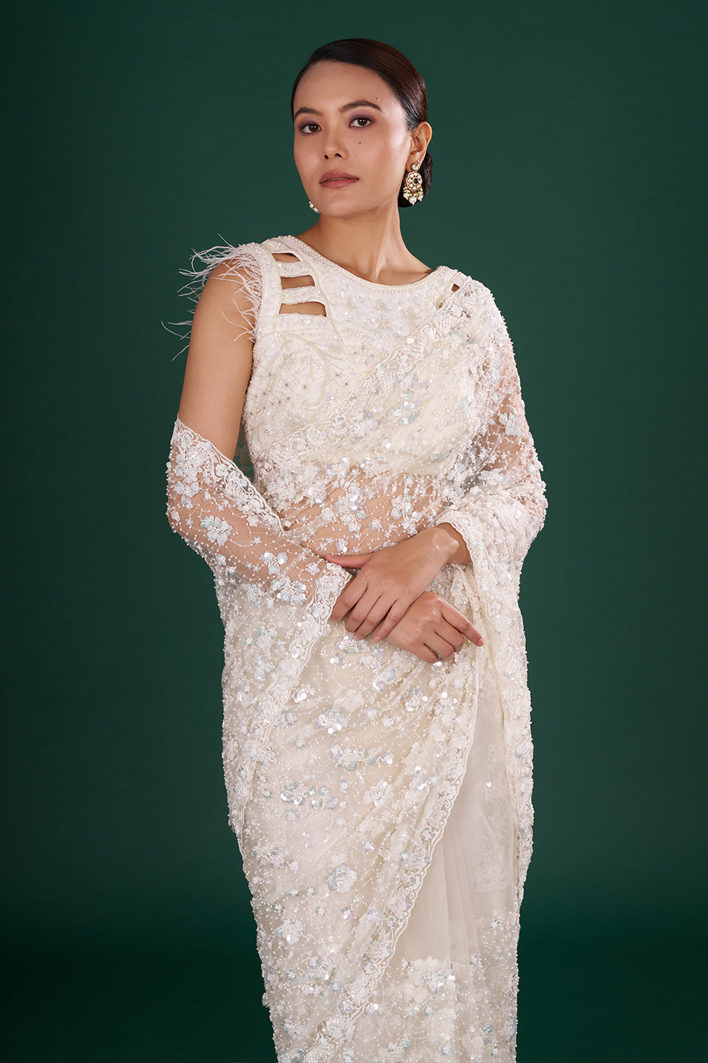 Off-White Net Saree in Floral Pattern and Unstitched Blouse