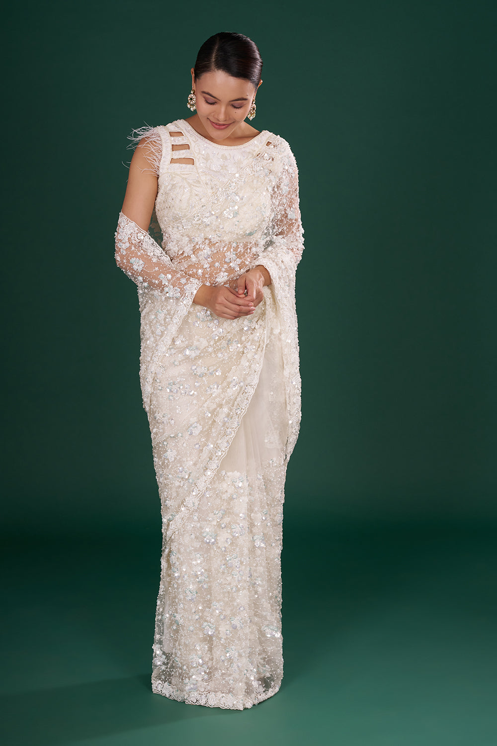 Off-White Net Saree in Floral Pattern and Unstitched Blouse