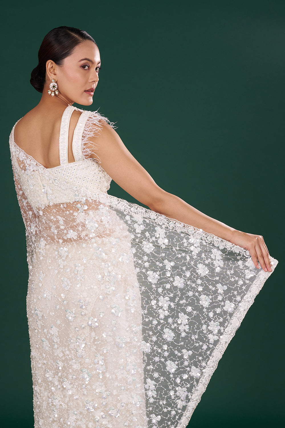 Off-White Net Saree in Floral Pattern and Unstitched Blouse