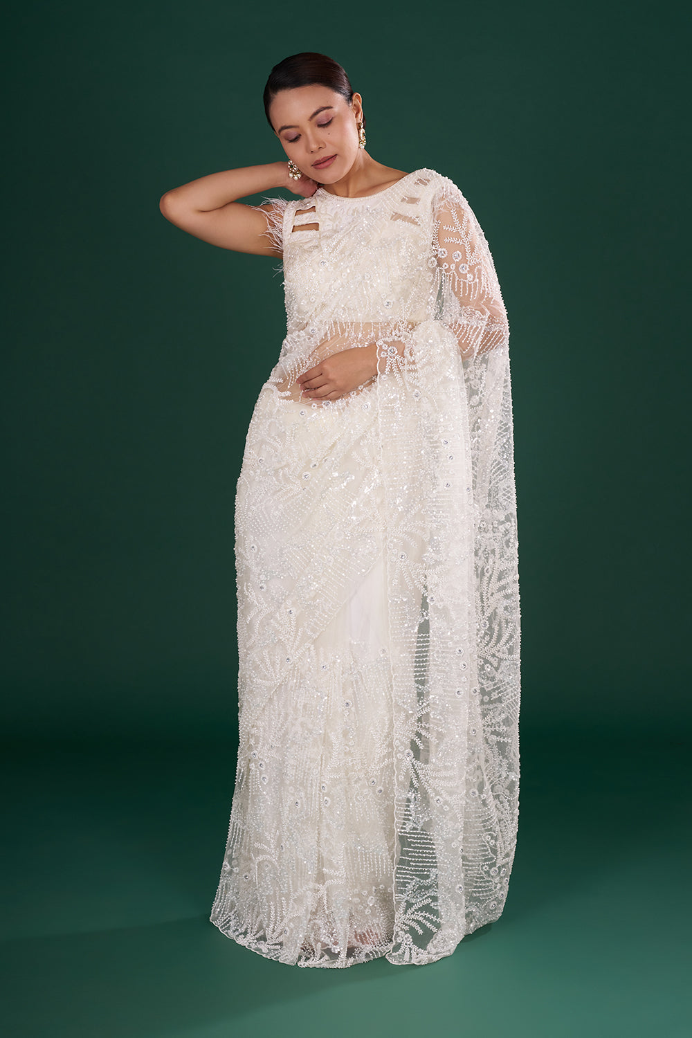 Off-White Net Saree in Abstract Pattern and Unstitched Blouse