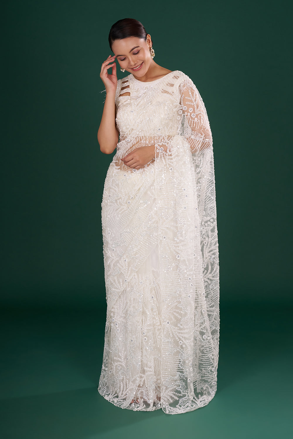 Off-White Net Saree in Abstract Pattern and Unstitched Blouse