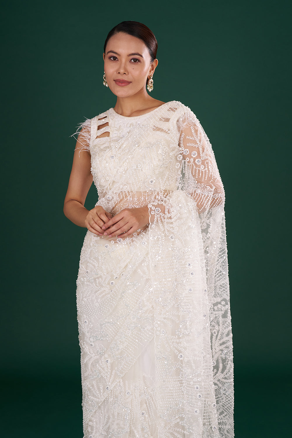 Off-White Net Saree in Abstract Pattern and Unstitched Blouse