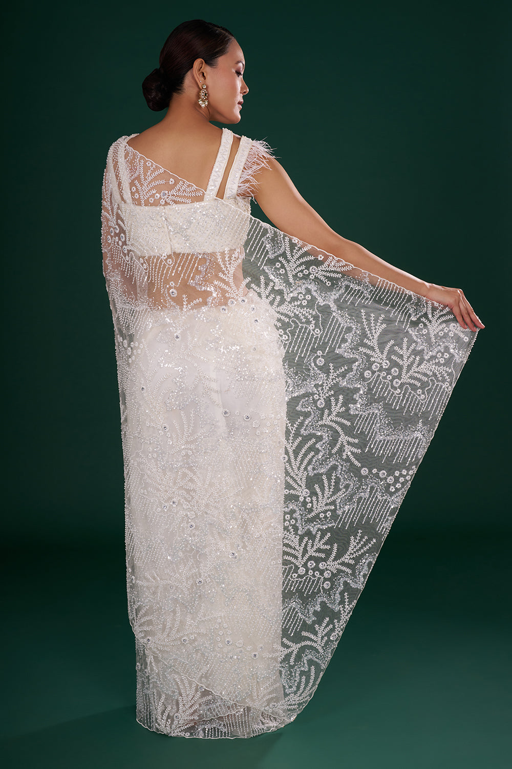 Off-White Net Saree in Abstract Pattern and Unstitched Blouse
