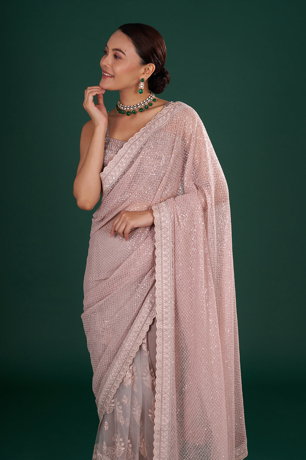 Old Rose Pink Net Saree with Scalloped Border and Unstitched Blouse