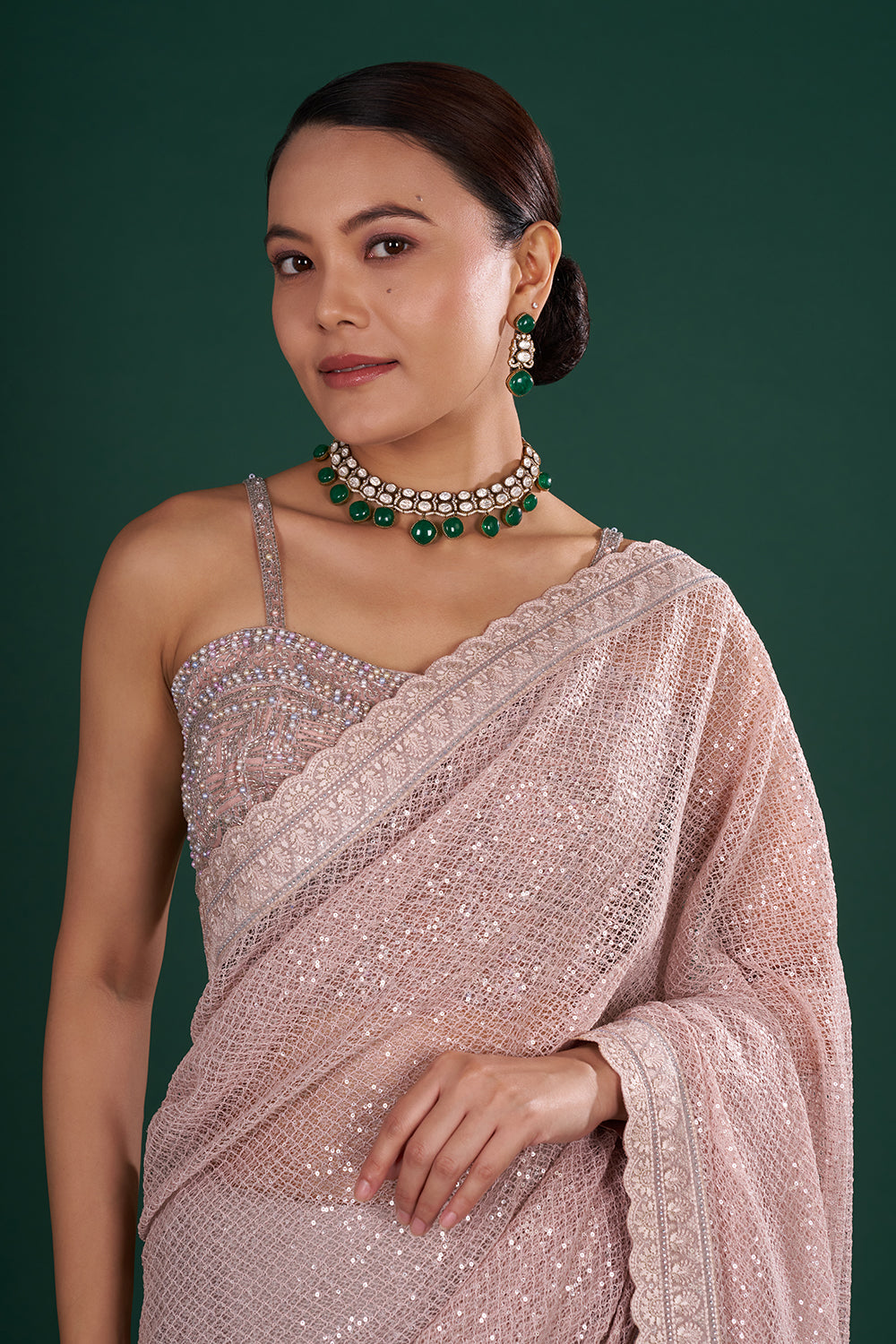 Old Rose Pink Net Saree with Scalloped Border and Unstitched Blouse