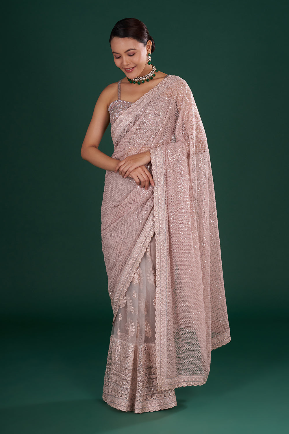 Old Rose Pink Net Saree with Scalloped Border and Unstitched Blouse