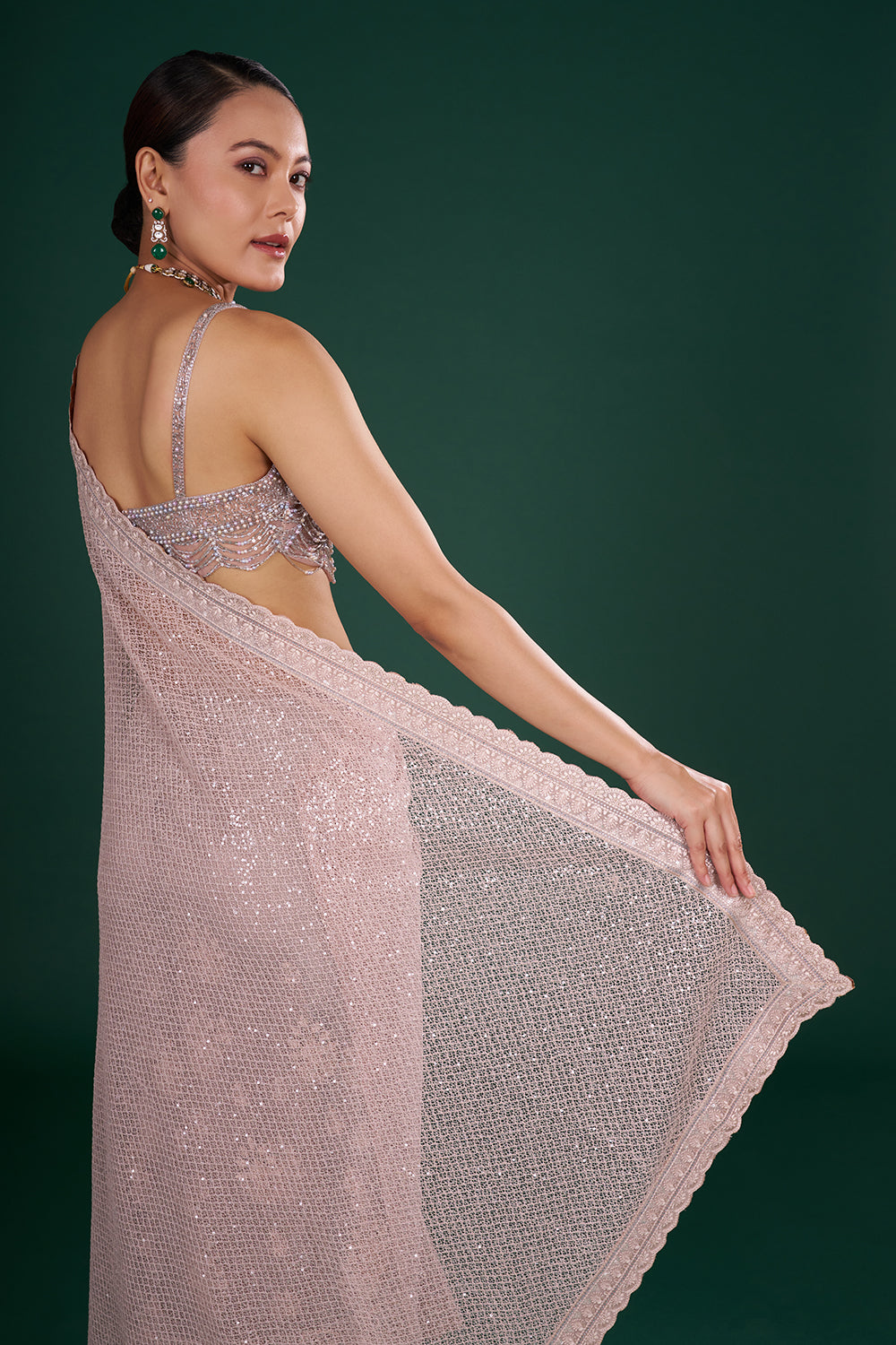 Old Rose Pink Net Saree with Scalloped Border and Unstitched Blouse