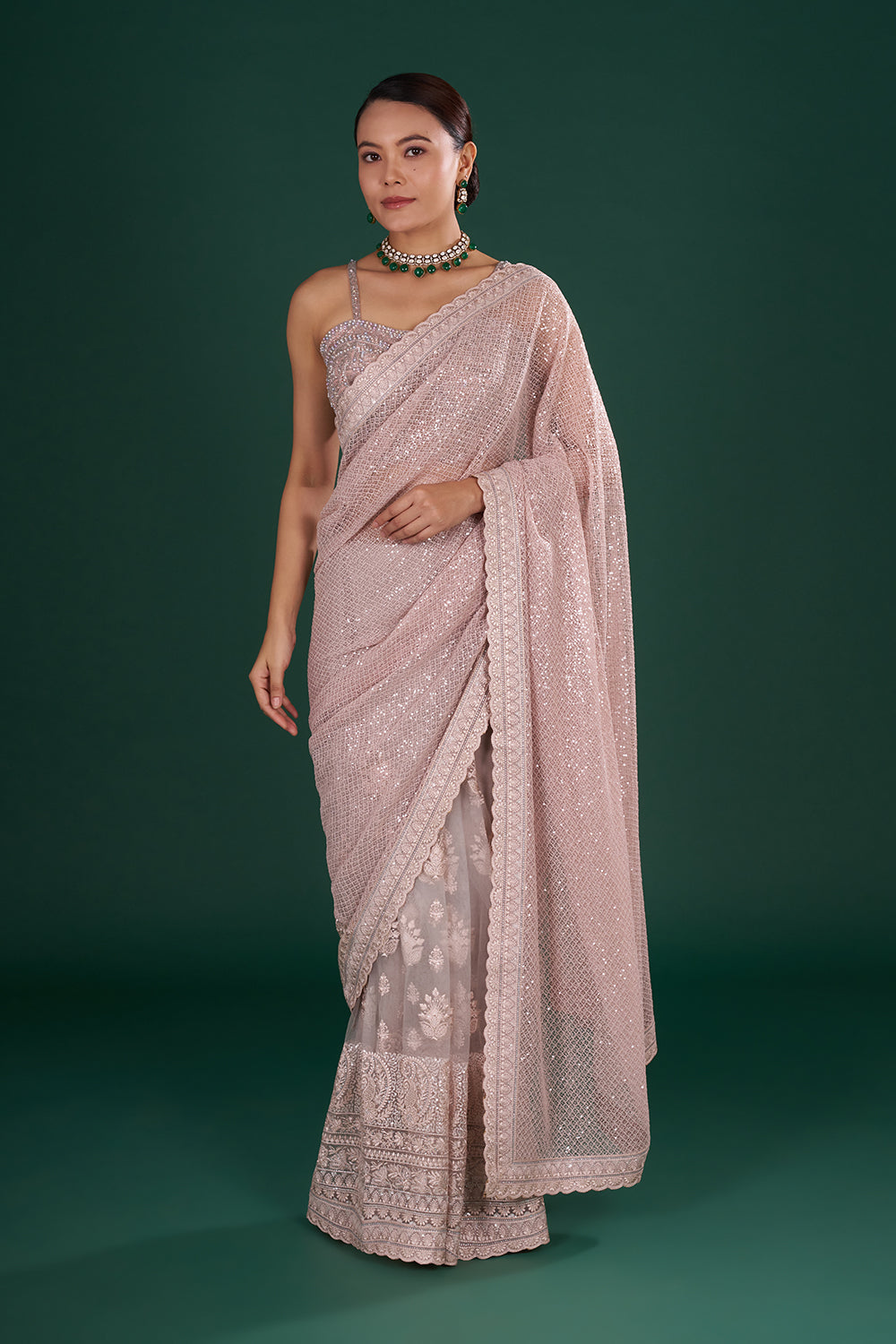 Old Rose Pink Net Saree with Scalloped Border and Unstitched Blouse