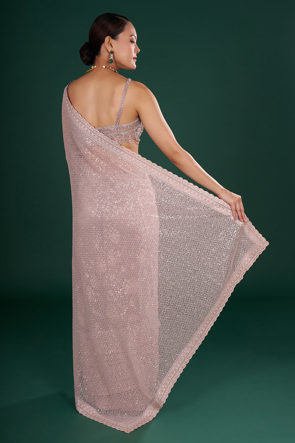 Old Rose Pink Net Saree with Scalloped Border and Unstitched Blouse
