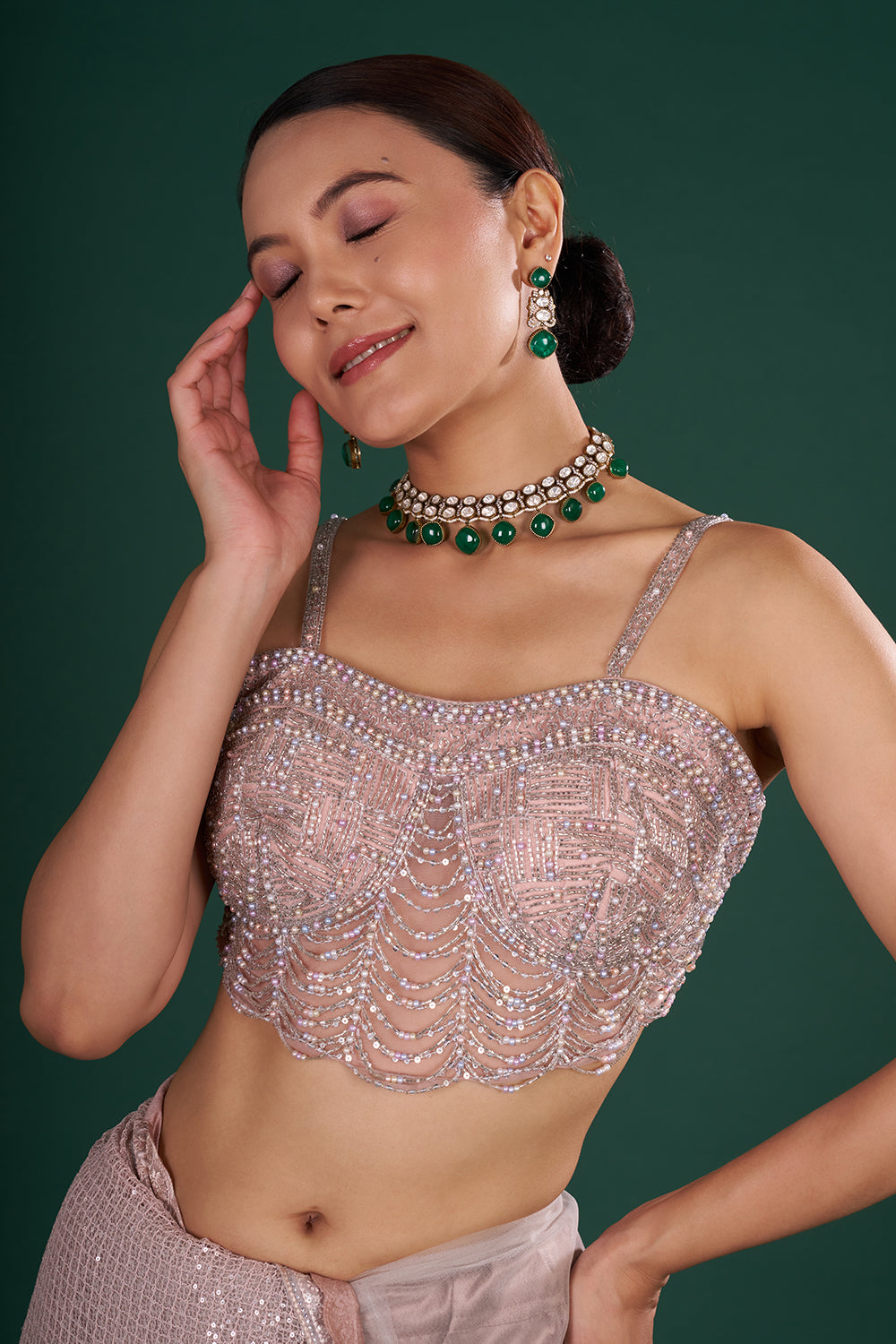 Old Rose Pink Net Saree with Scalloped Border and Unstitched Blouse