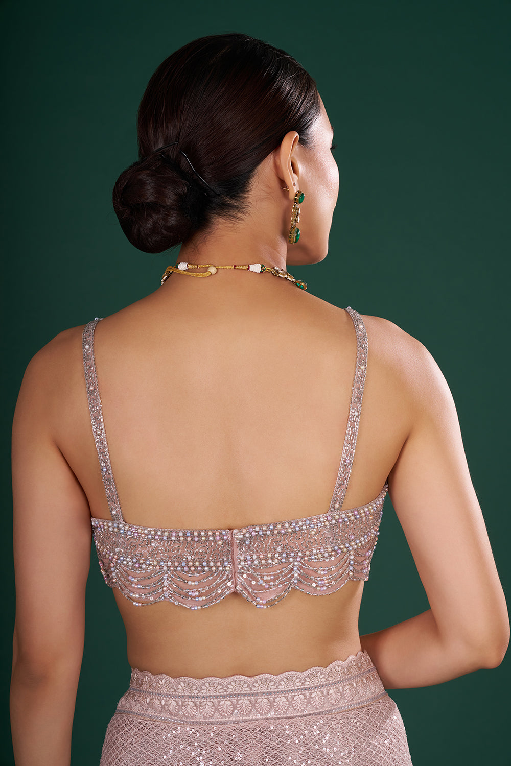 Old Rose Pink Net Saree with Scalloped Border and Unstitched Blouse