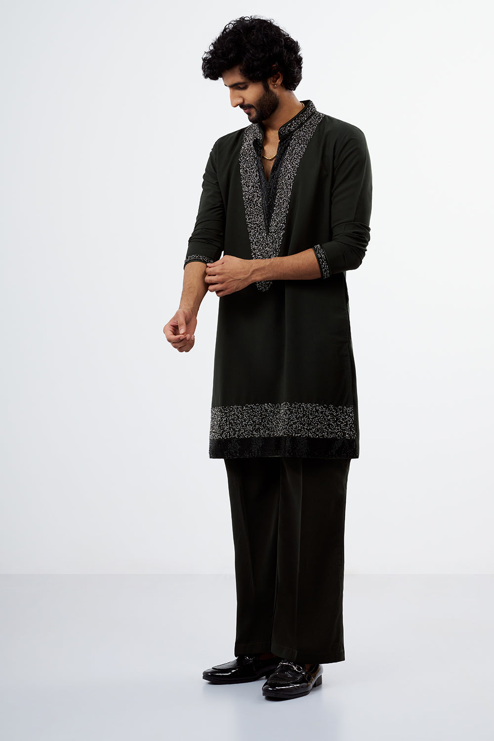 Olive Green Sequins & Cut Dana Polyester Cotton Men's Kurta Set