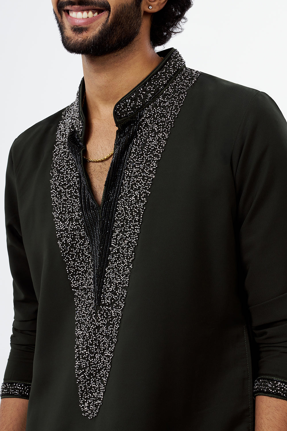 Olive Green Sequins & Cut Dana Polyester Cotton Men's Kurta Set