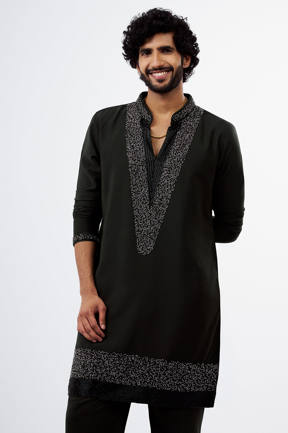 Olive Green Sequins & Cut Dana Polyester Cotton Men's Kurta Set