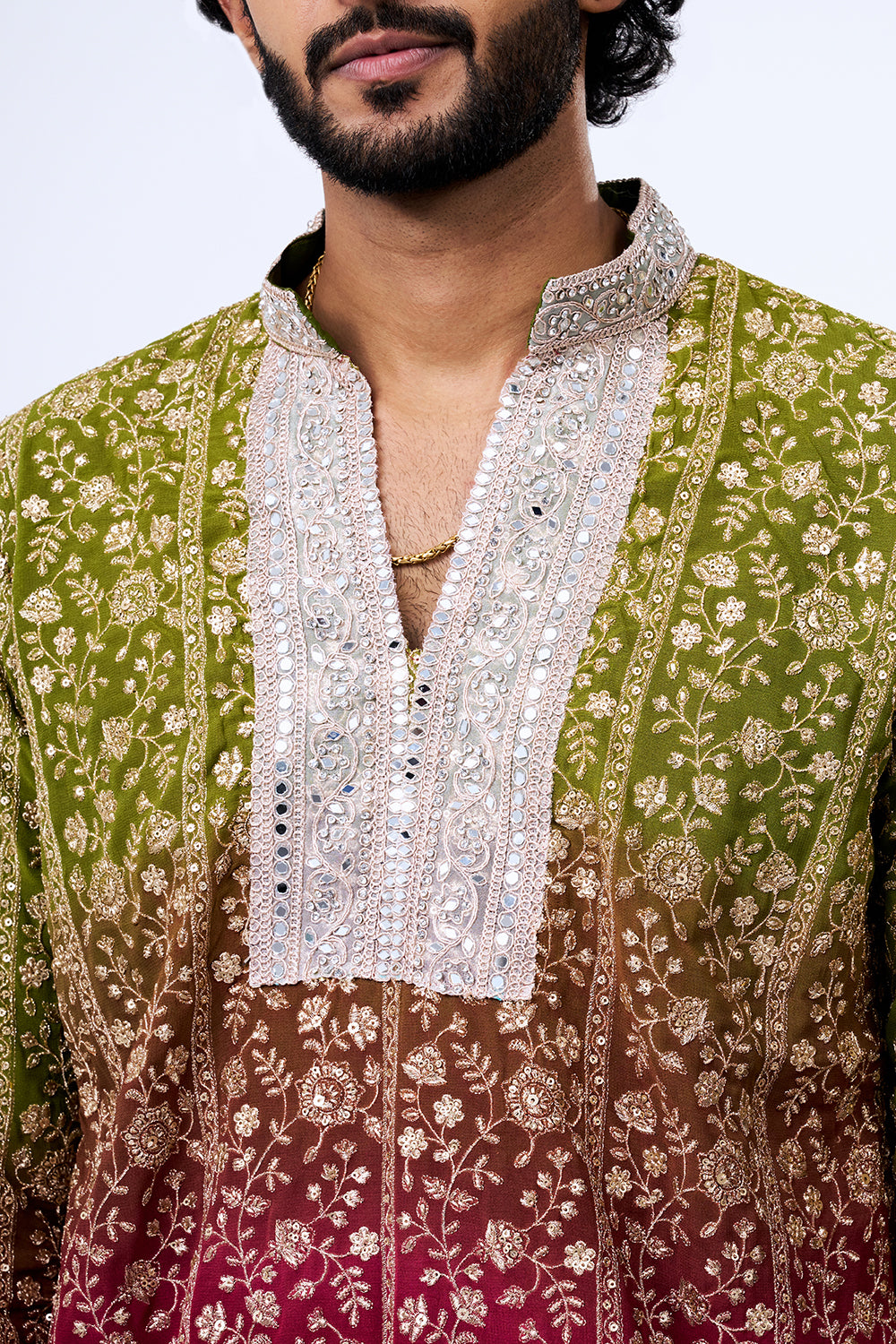 Ombre Green Georgette Floral Zari Embellished Kurta Set