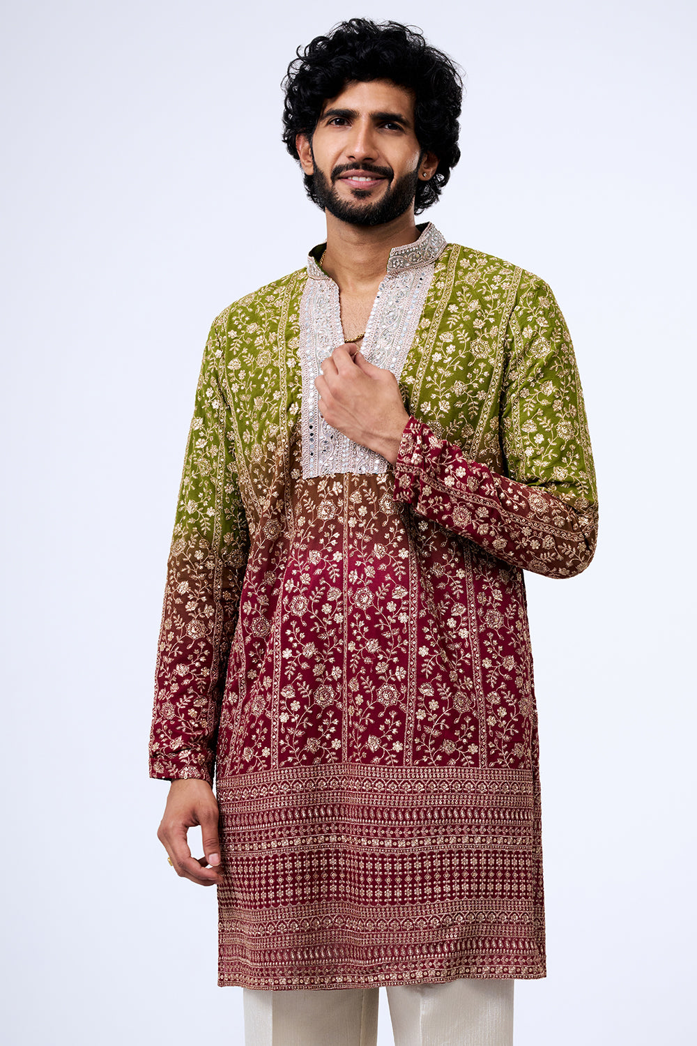 Ombre Green Georgette Floral Zari Embellished Kurta Set