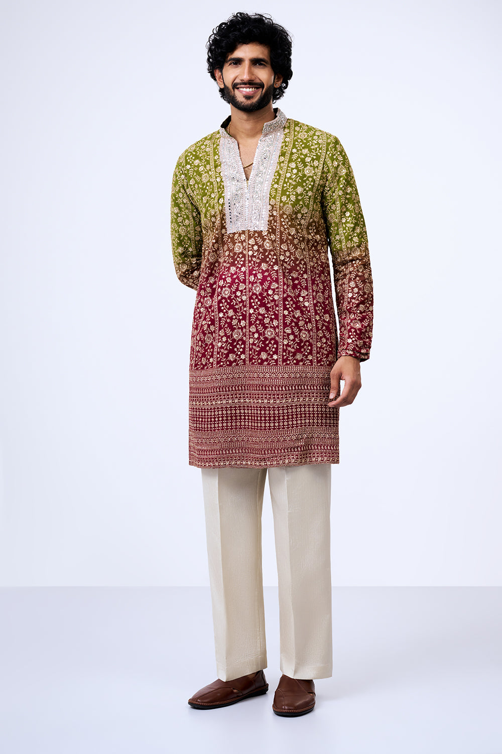 Ombre Green Georgette Floral Zari Embellished Kurta Set