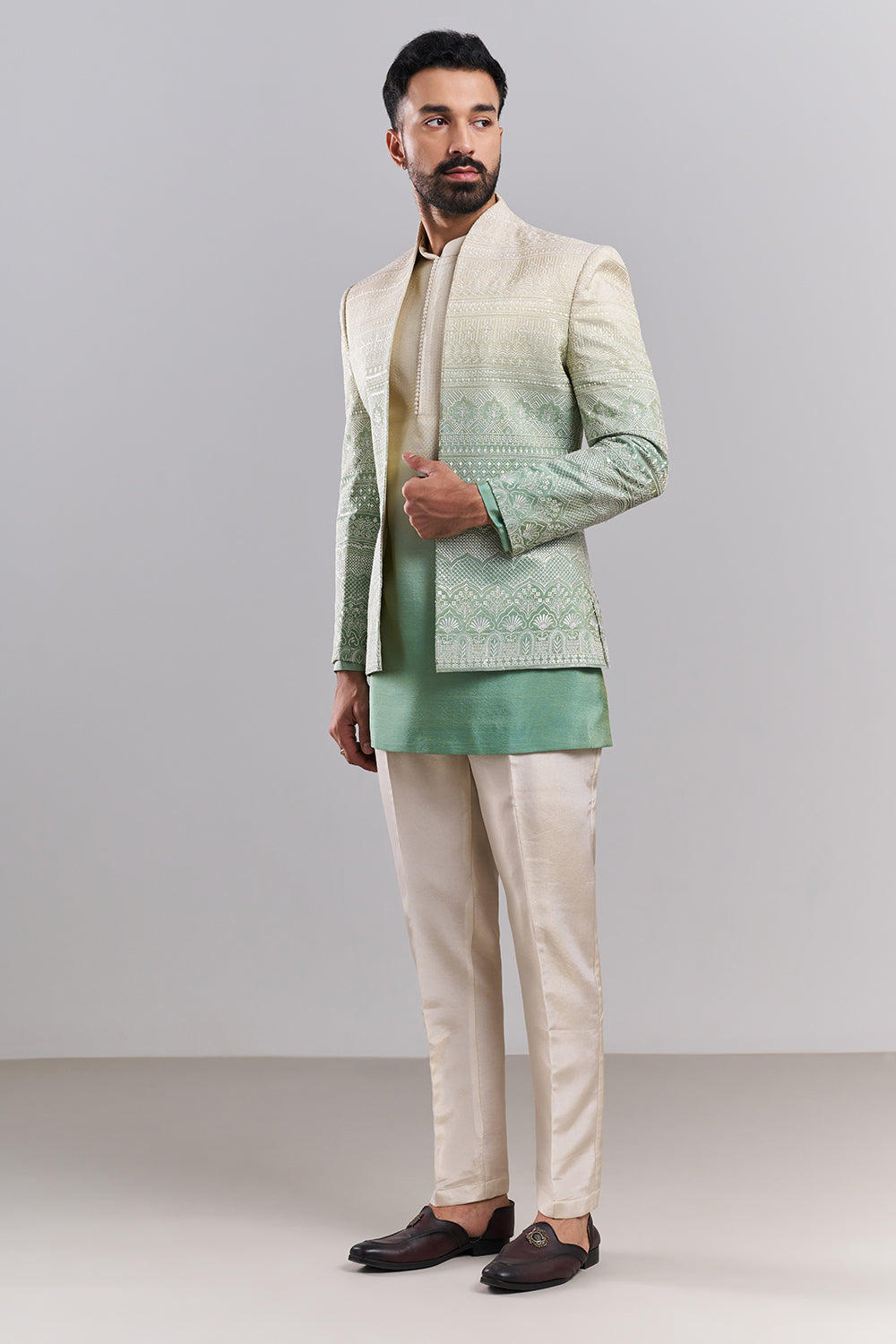 Ombré Green Tissue Silk Embroidered Men’s Indo-Western Set