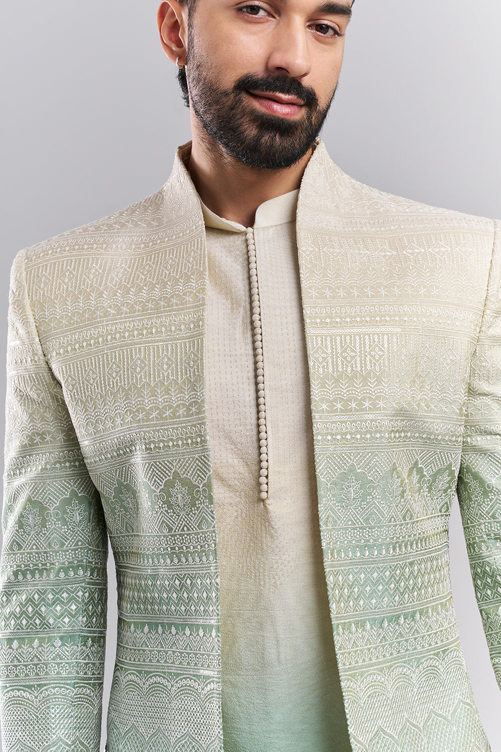 Ombré Green Tissue Silk Embroidered Men’s Indo-Western Set