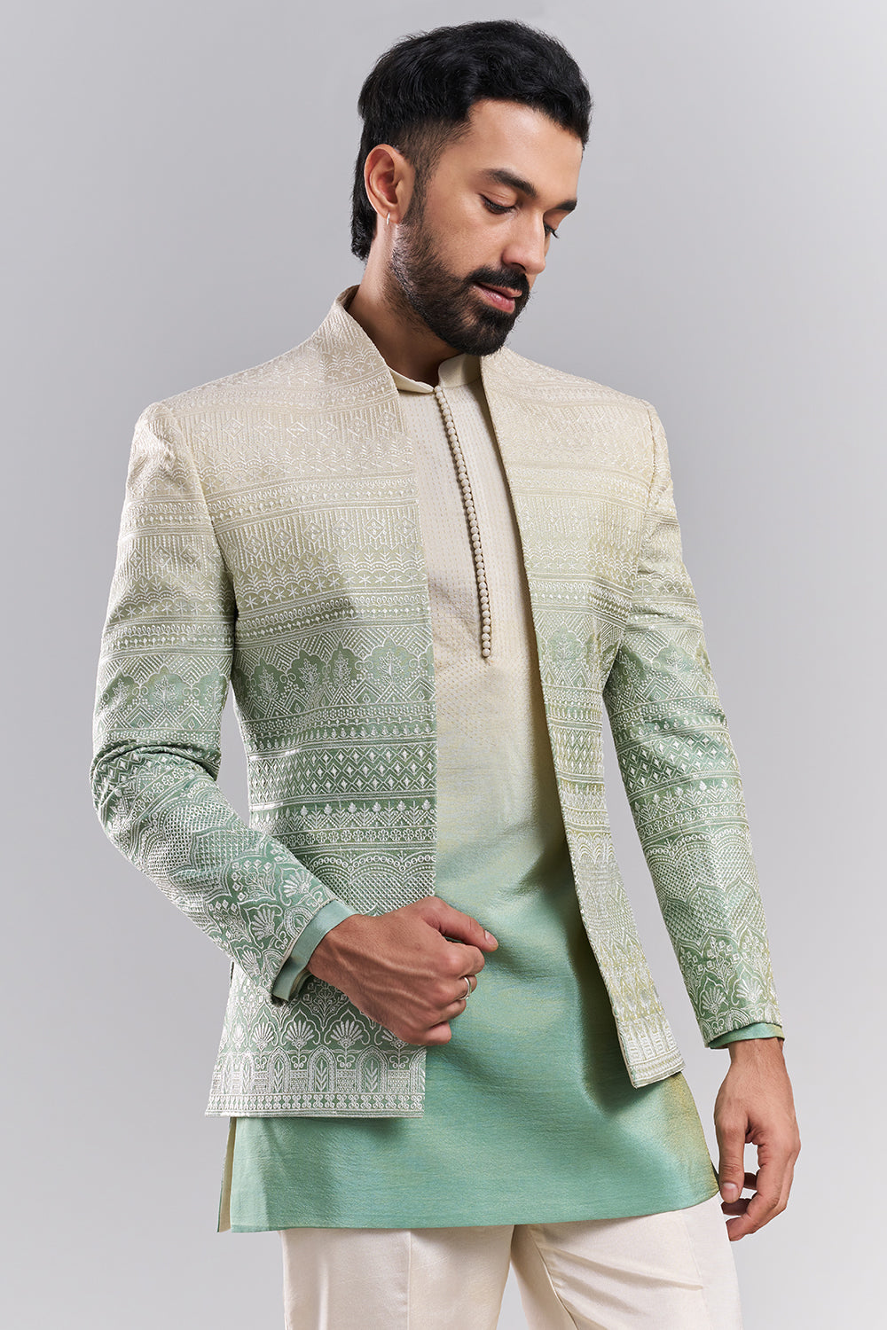 Ombré Green Tissue Silk Embroidered Men’s Indo-Western Set