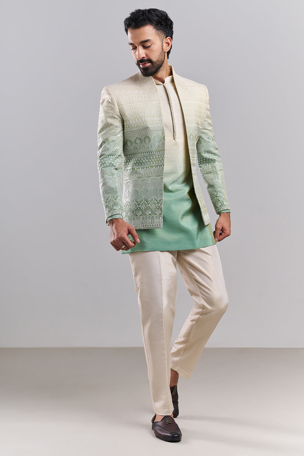 Ombré Green Tissue Silk Embroidered Men’s Indo-Western Set