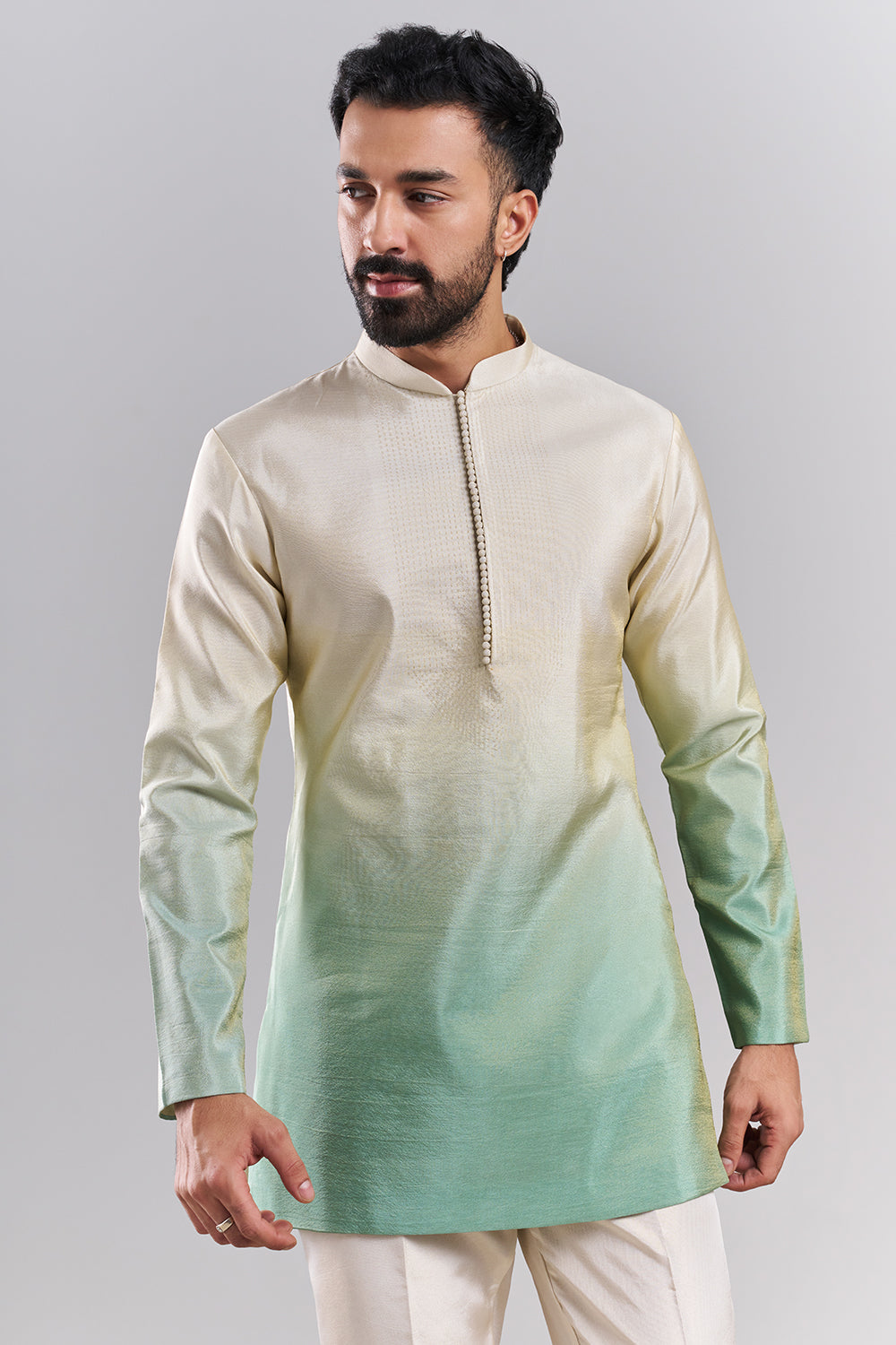Ombré Green Tissue Silk Embroidered Men’s Indo-Western Set