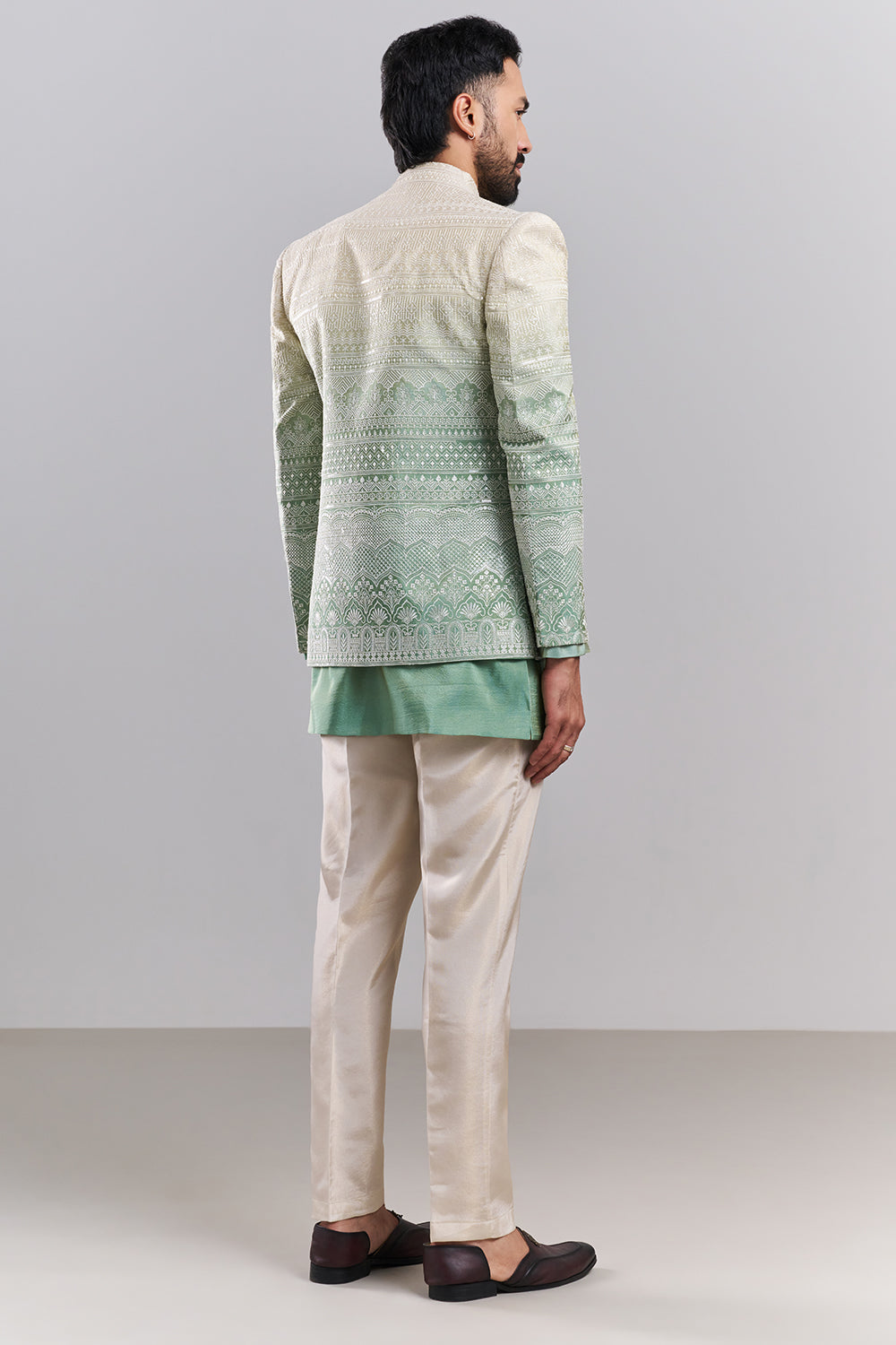 Ombré Green Tissue Silk Embroidered Men’s Indo-Western Set