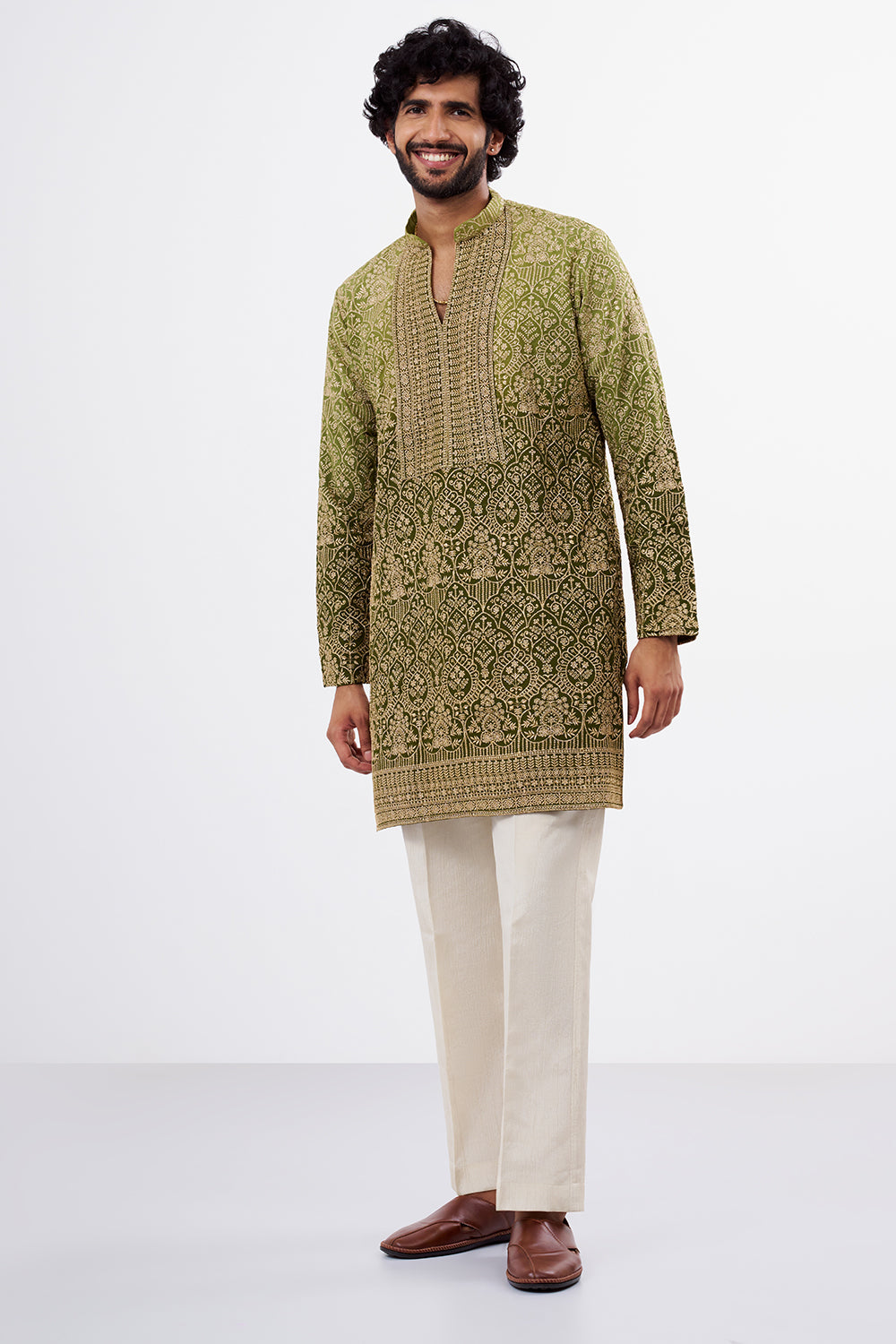 Ombré Green Zari Detailed Georgette Men's Kurta Set