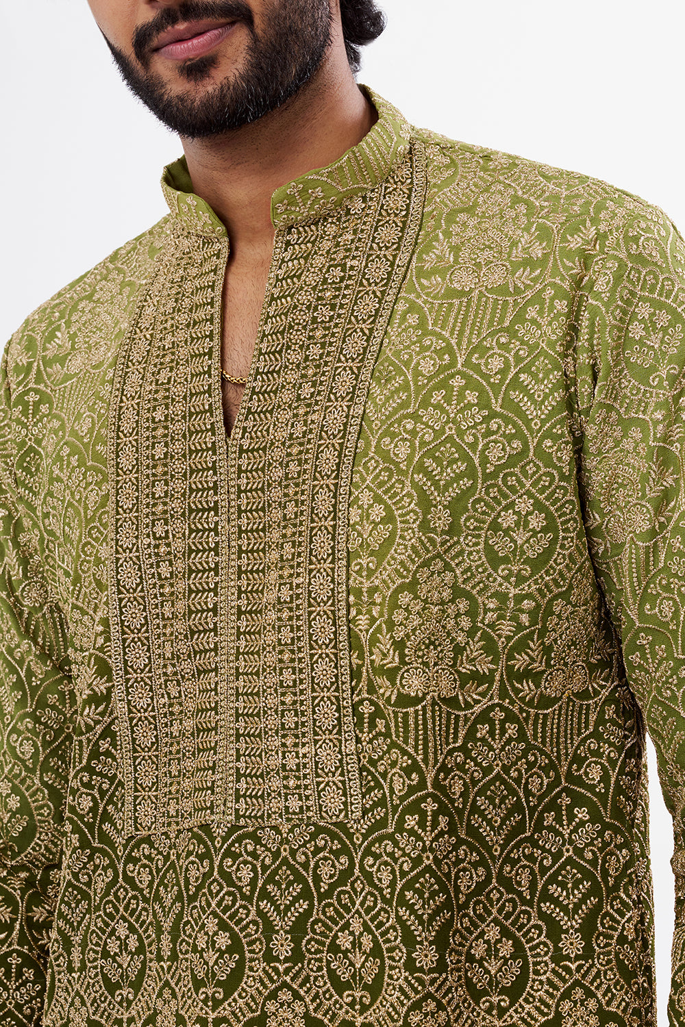 Ombré Green Zari Detailed Georgette Men's Kurta Set