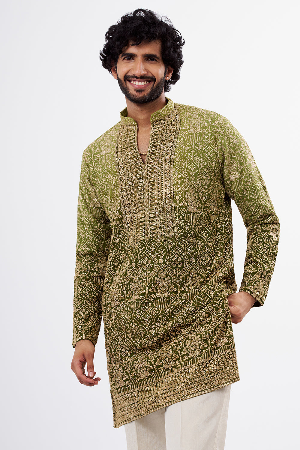 Ombré Green Zari Detailed Georgette Men's Kurta Set