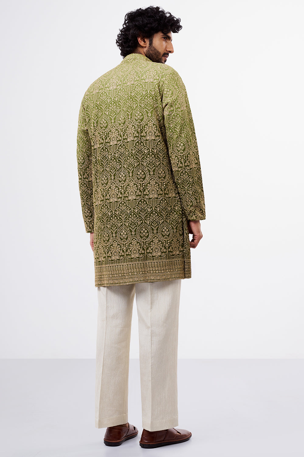 Ombré Green Zari Detailed Georgette Men's Kurta Set