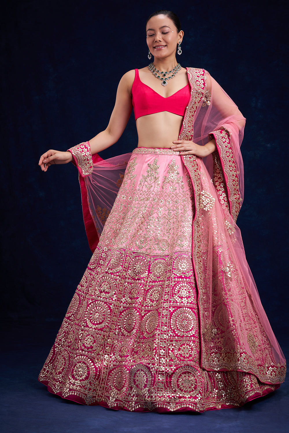 Ombré Pink Raw Silk Bridal Lehenga with Zari and Gota Work