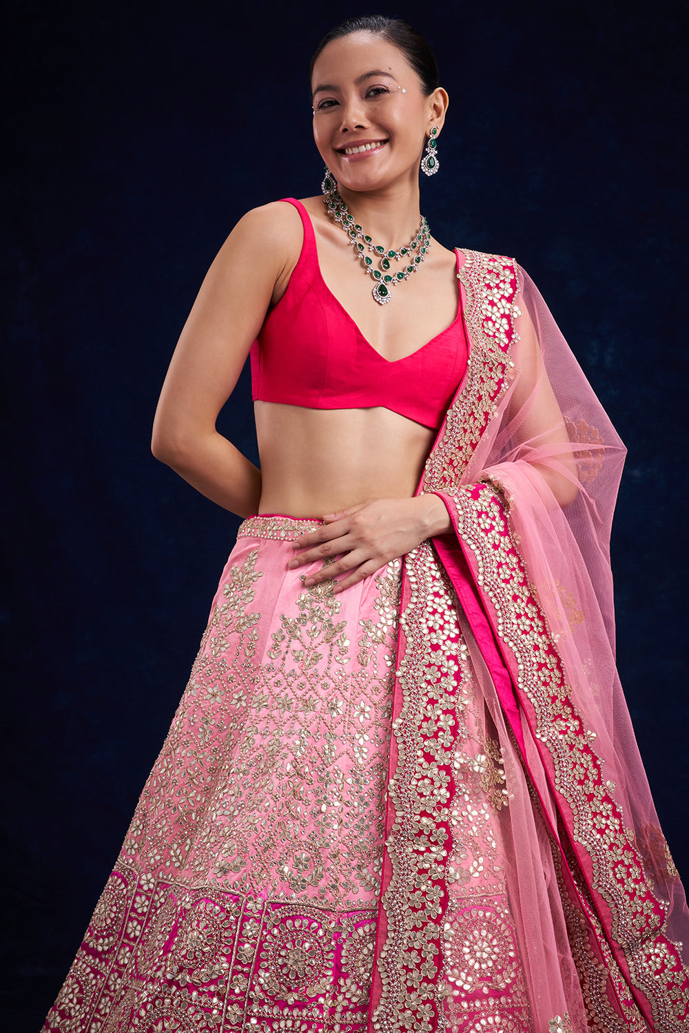 Ombré Pink Raw Silk Bridal Lehenga with Zari and Gota Work
