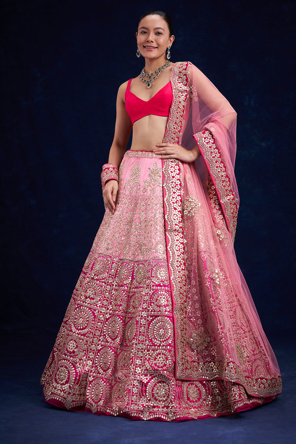 Ombré Pink Raw Silk Bridal Lehenga with Zari and Gota Work