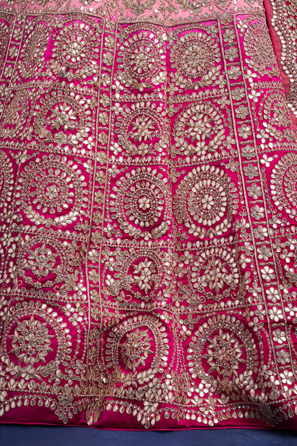 Ombré Pink Raw Silk Bridal Lehenga with Zari and Gota Work