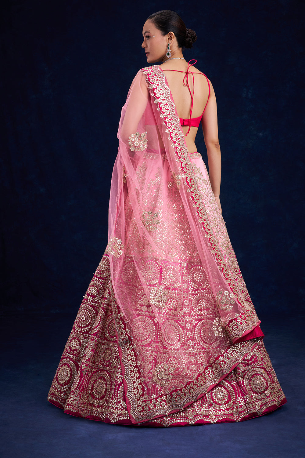 Ombré Pink Raw Silk Bridal Lehenga with Zari and Gota Work