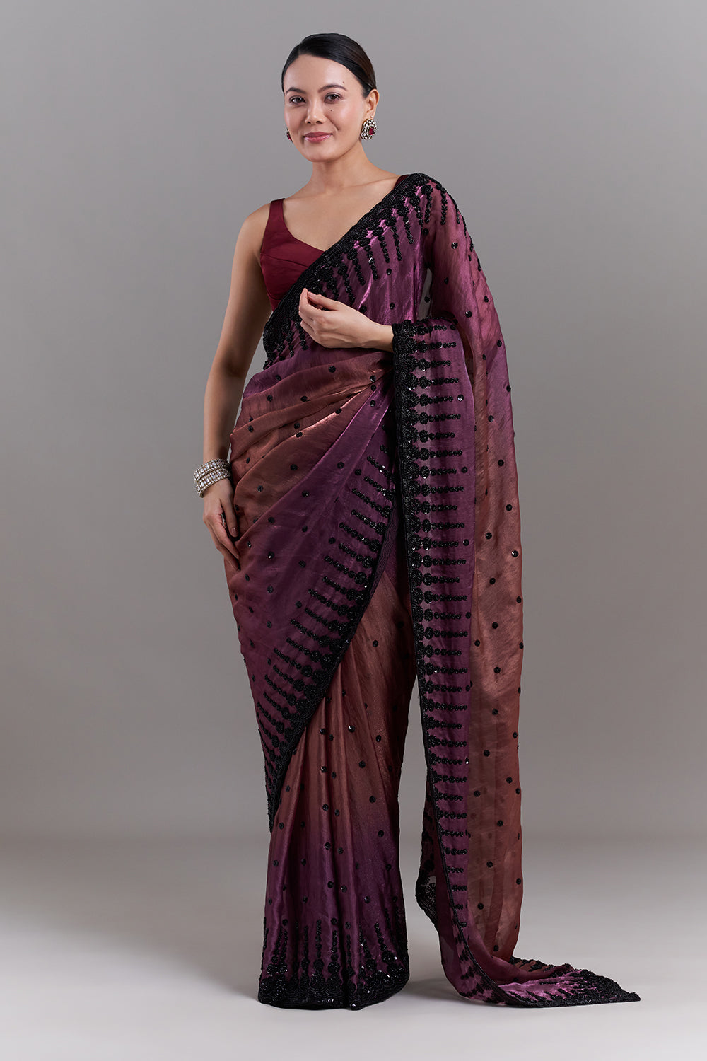 Ombré Purple and Copper Shimmer Satin Organza Embellished Saree