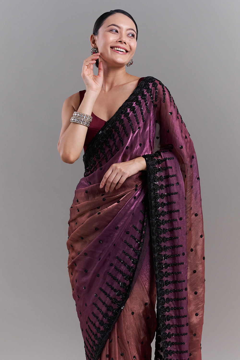 Ombré Purple and Copper Shimmer Satin Organza Embellished Saree