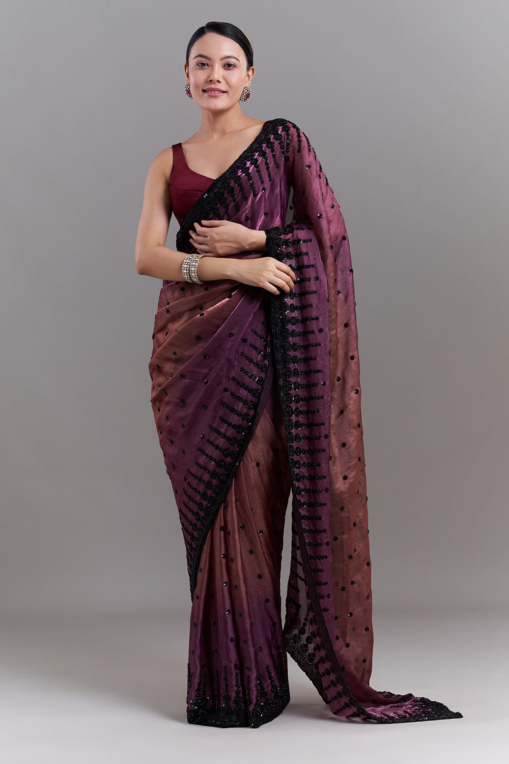 Ombré Purple and Copper Shimmer Satin Organza Embellished Saree